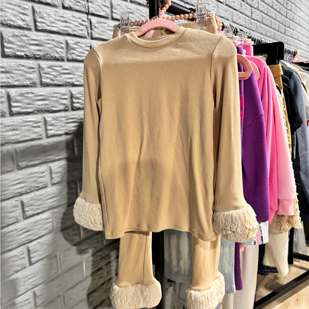 Three Wildflower Designs Beige Ribbed Top with Cozy Trim